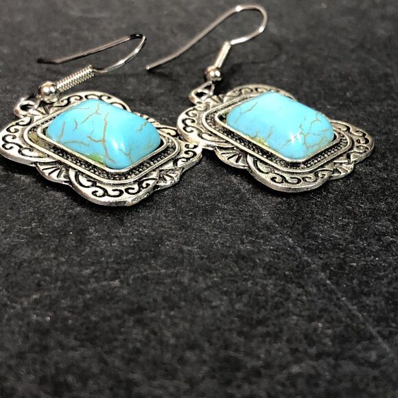 Silver Tone and Faux Turquoise Earrings Rectangle Cabachon Pierced Hook Jewelry - Picture 4 of 7